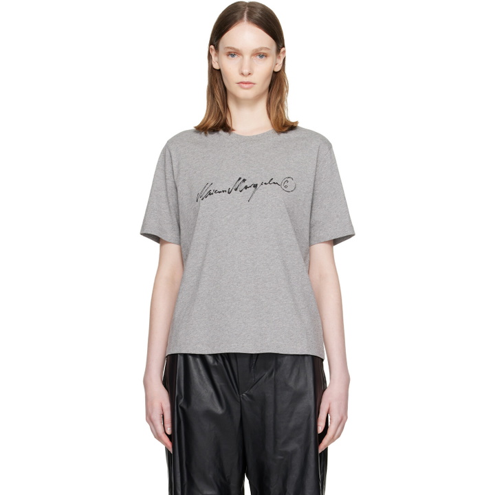 Photo: MM6 Maison Margiela Gray Handwritten-Print Cotton Jersey T-shirt