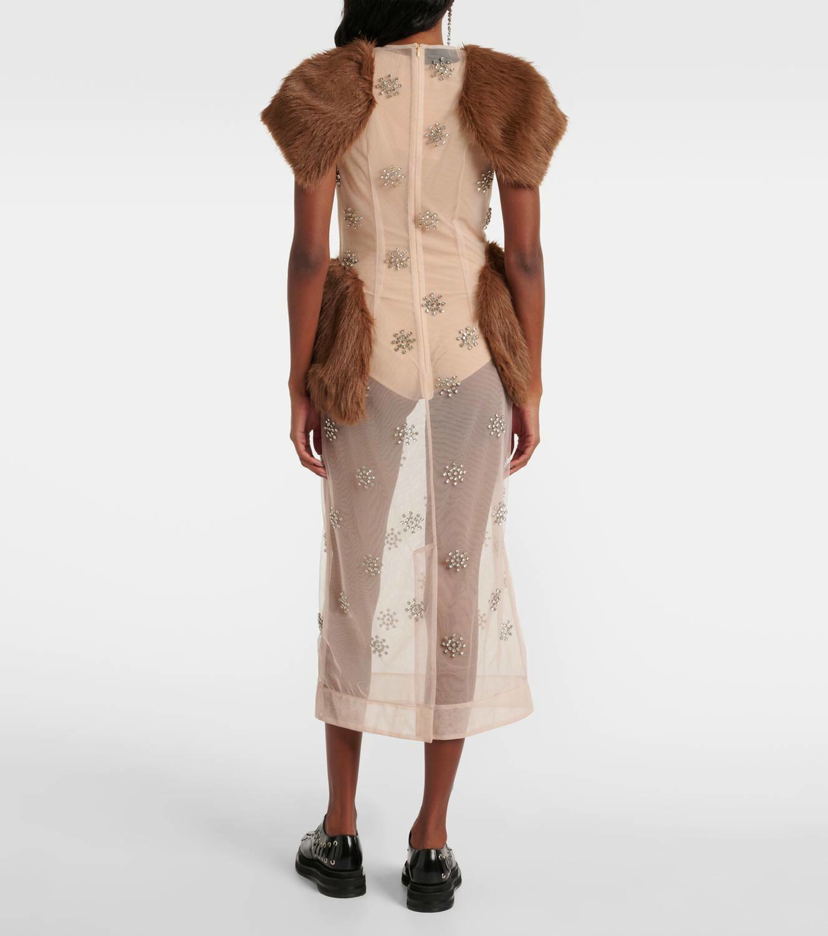 Simone Rocha Faux fur-trimmed embellished sheer midi dress Simone Rocha