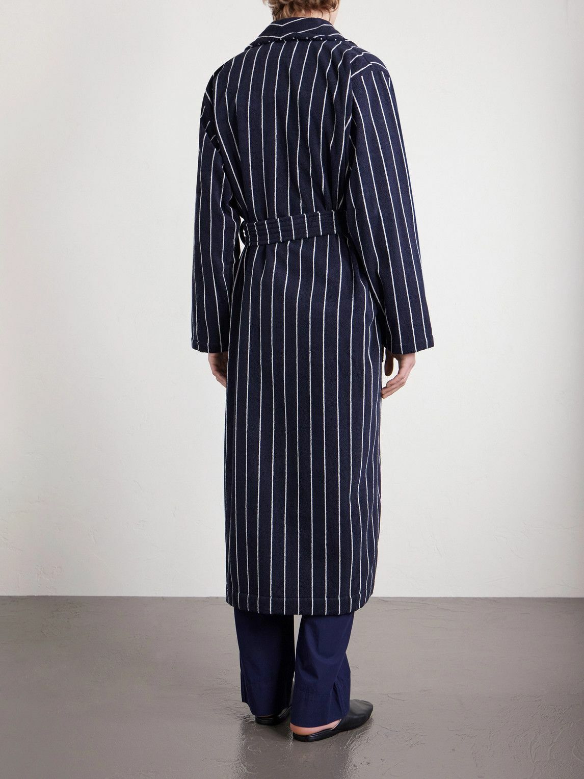TEKLA - Belted Striped Organic Cotton-Terry Robe - Black