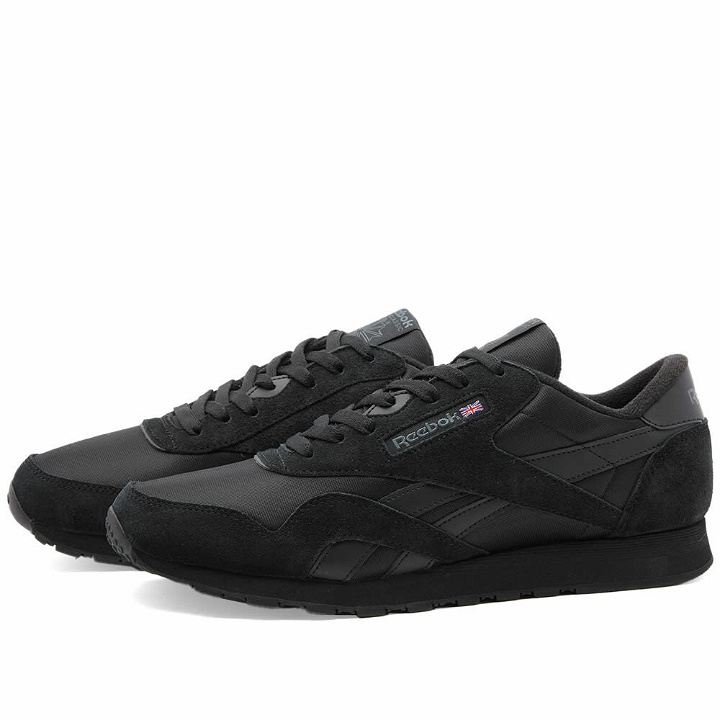 Photo: Reebok Men's CL Nylon Sneakers in Core Black/Pure Grey 7