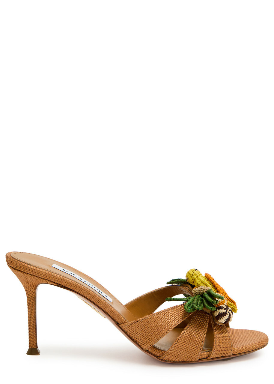 Aquazzura Birdsong 75 Appliquéd Woven Raffia Mules Camel