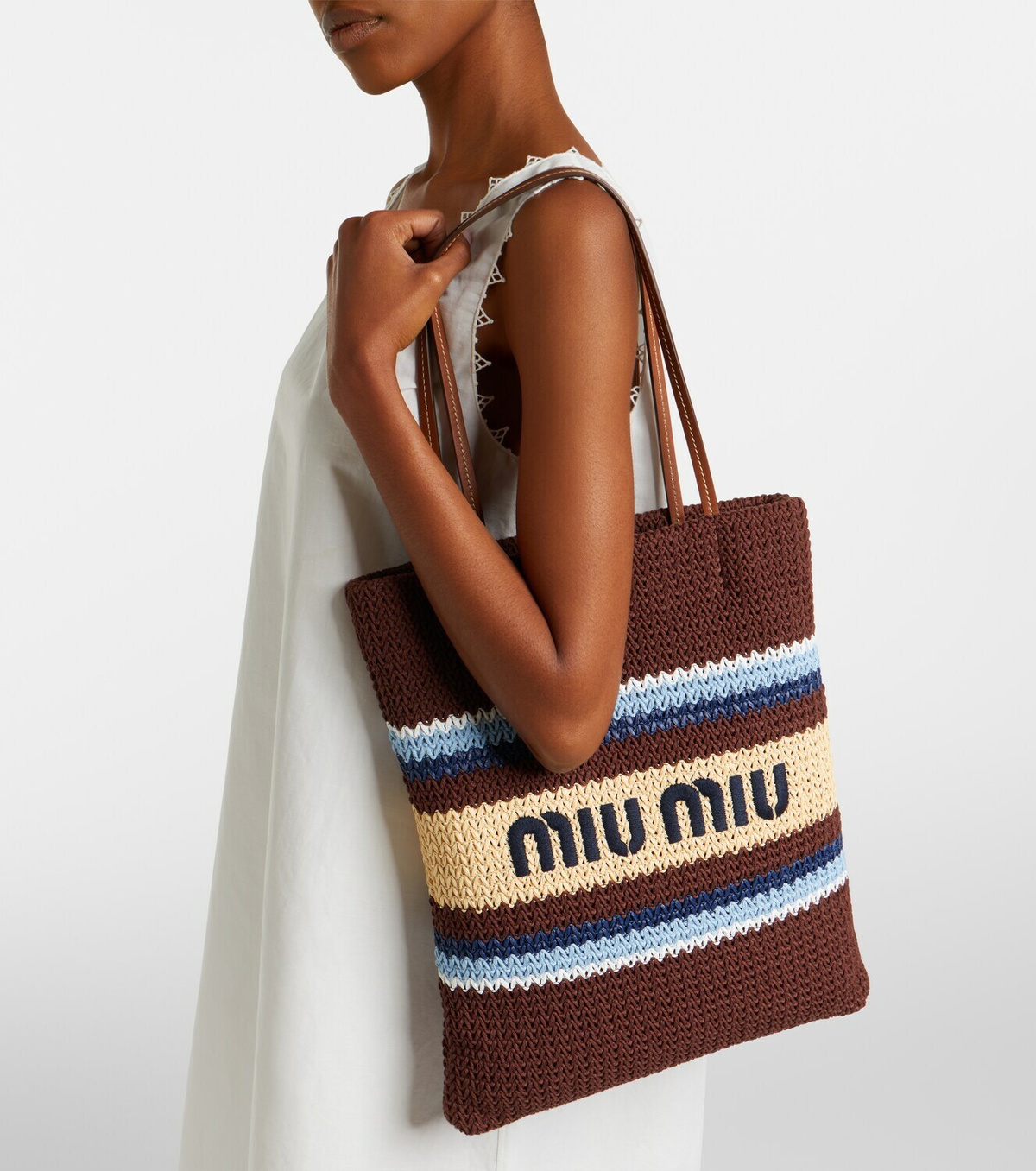 Miu Miu Striped raffia-effect shopper