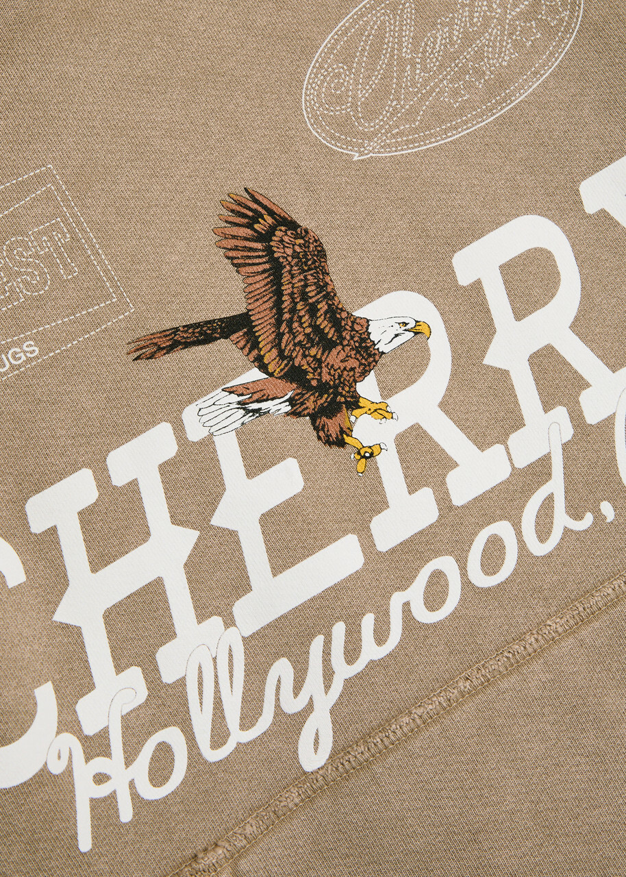 Cherry Los Angeles Hollywood Logo Hooded Cotton Sweatshirt Tan