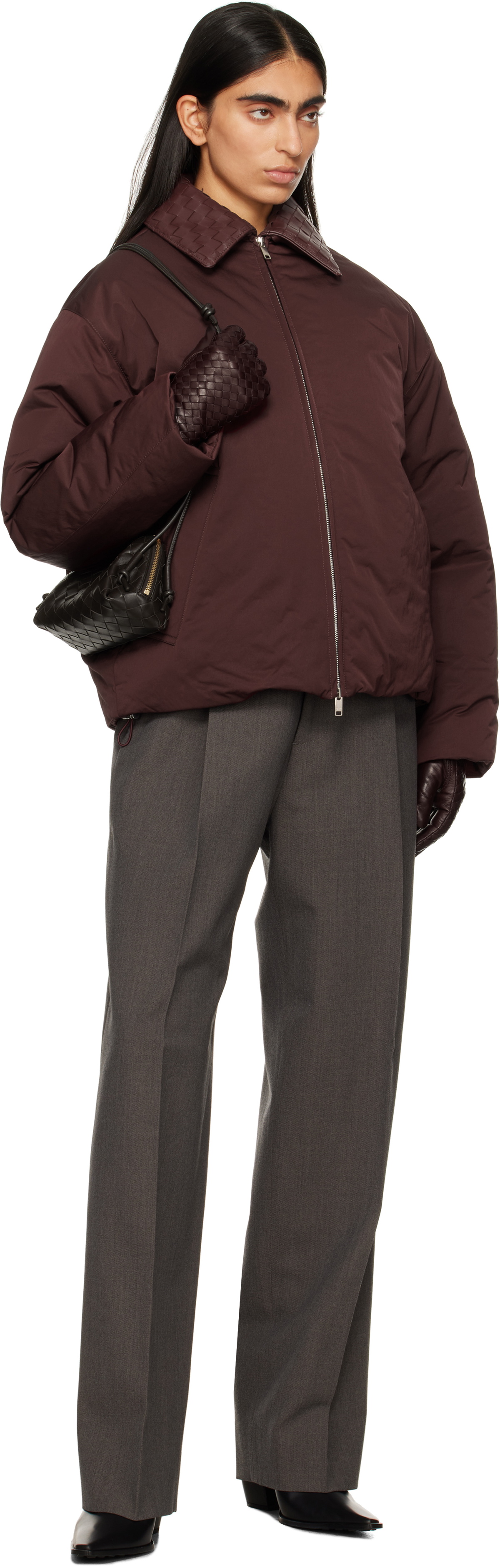 Bottega Veneta Burgundy Tech Nylon Down Puffer Jacket Bottega Veneta