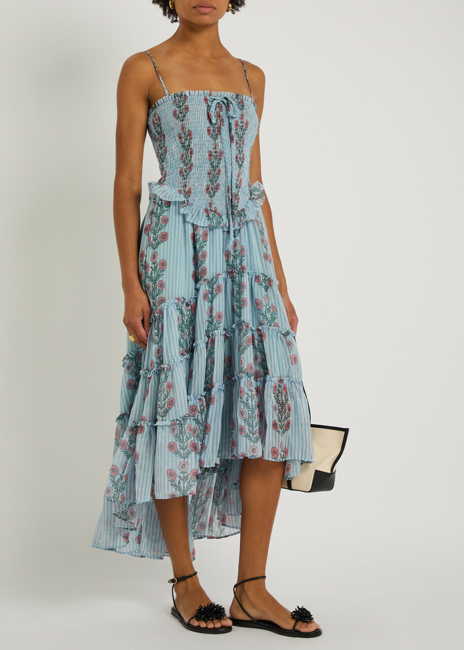 Free People Alejandra Floral Tiered Chiffon Midi Dress Blue