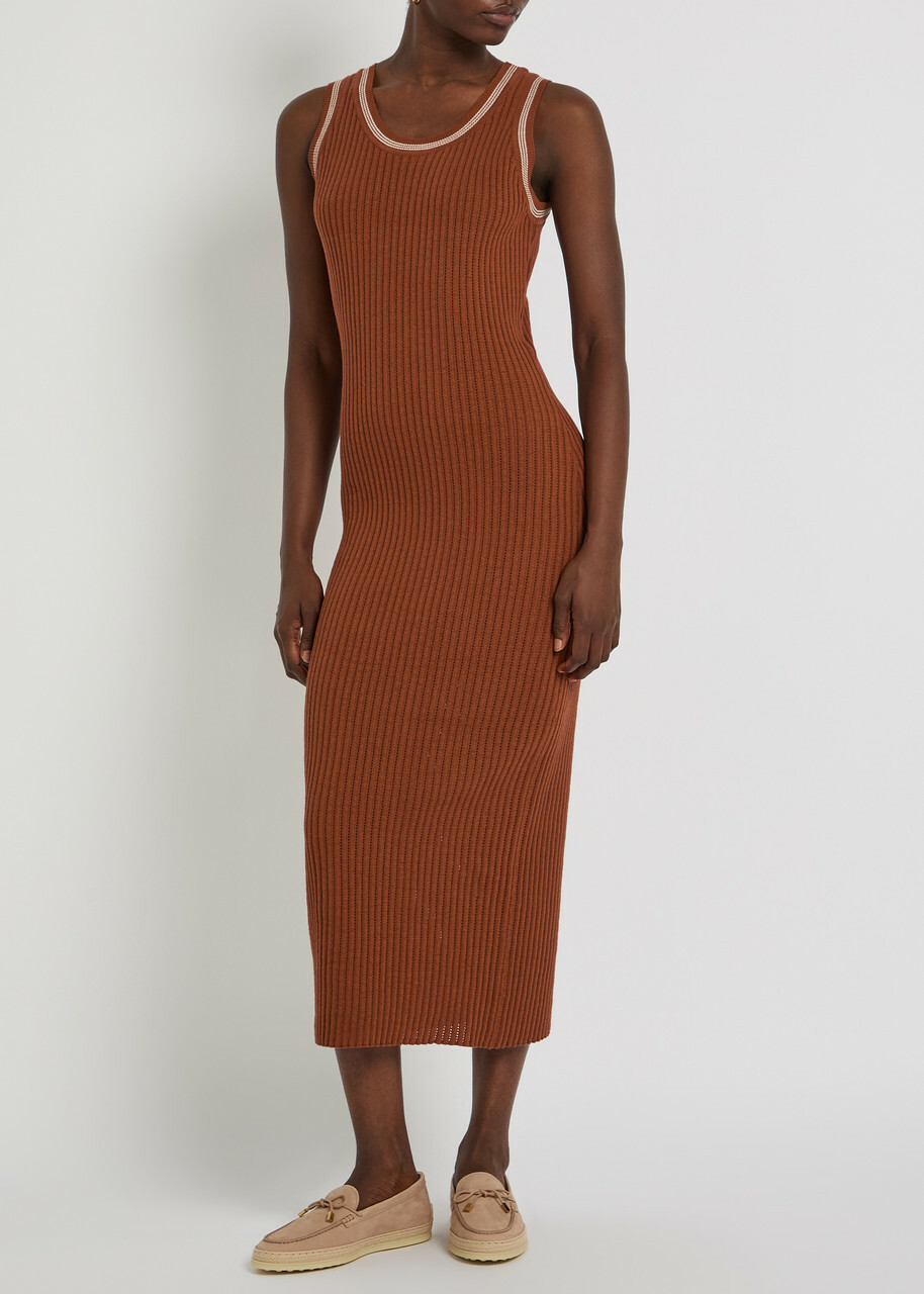 Tods Scoop-neck Cotton-knit Midi Dress Terracotta