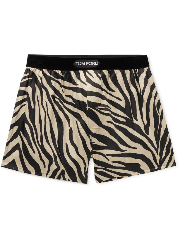 Photo: TOM FORD - Velvet-Trimmed Zebra-Print Stretch-Silk Satin Boxer Shorts - Black