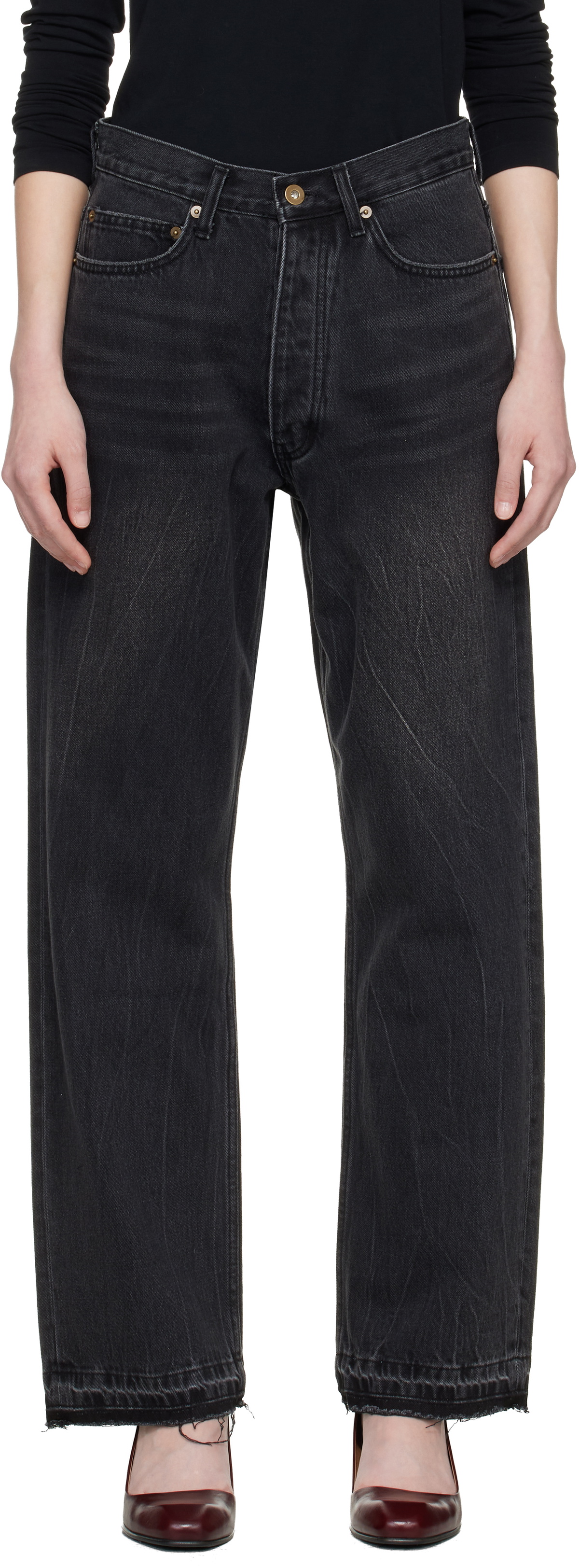 TONYWACK Black Frayed Hem Loose Straight Denim Jeans