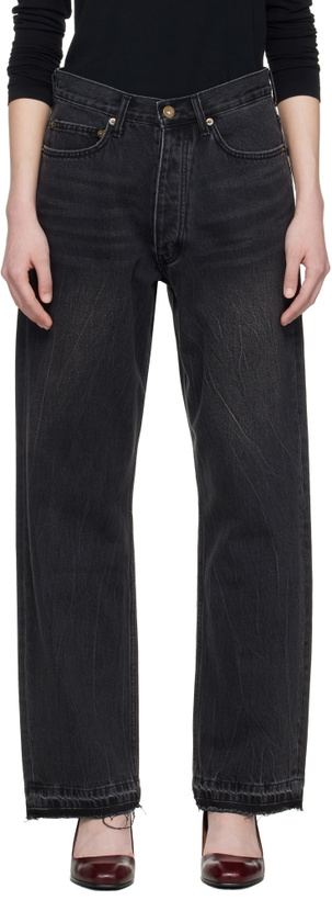 Photo: TONYWACK Black Frayed Hem Loose Straight Denim Jeans