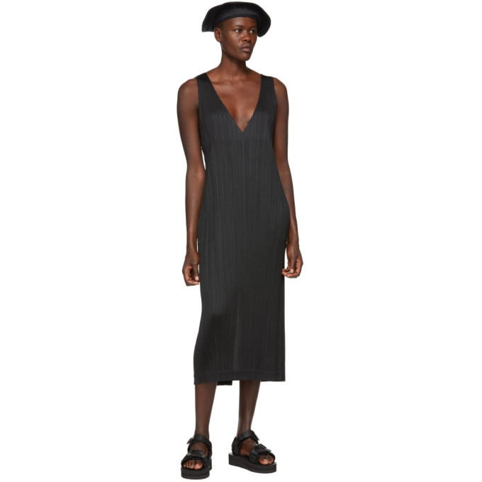 Pleats Please Issey Miyake Black Pleated V-Neck Dress Pleats