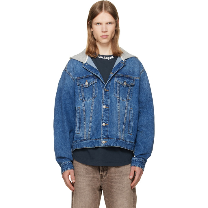 Photo: Palm Angels Blue Curved Logo Denim Jacket