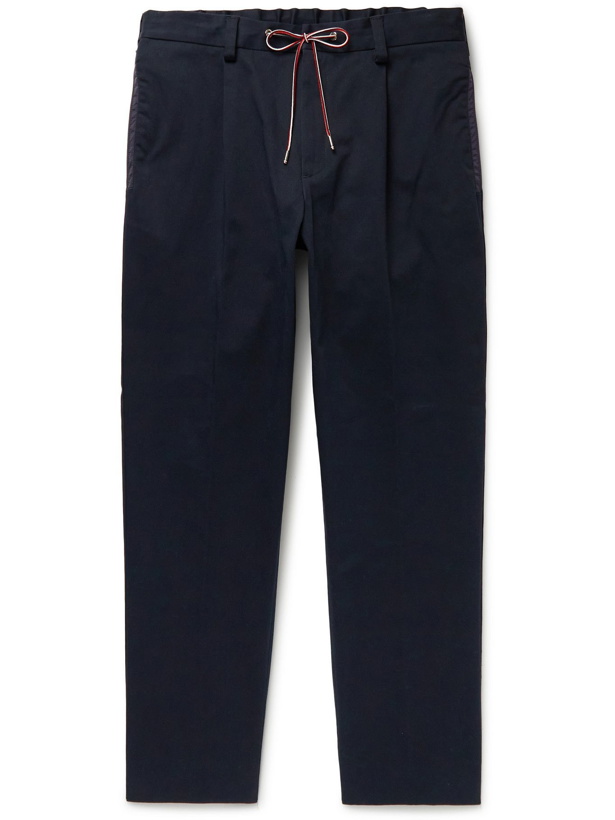 Photo: Moncler - Pleated Shell-Trimmed Cotton-Blend Twill Drawstring Trousers - Blue