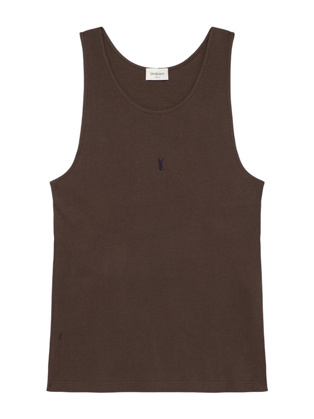 Photo: SAINT LAURENT - Logo-Embroidered Ribbed Cotton Tank Top - Brown