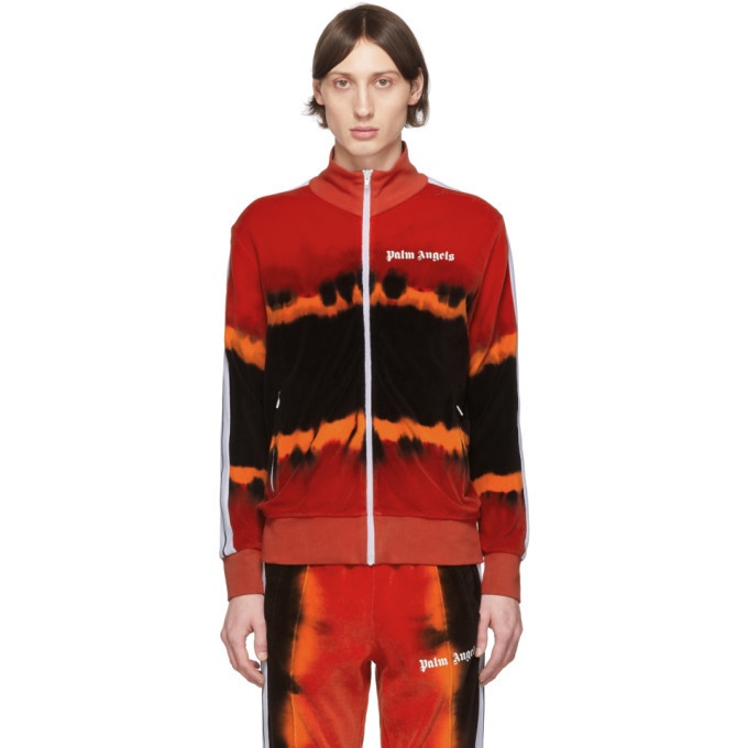 Photo: Palm Angels Red and Black Tie-Dye Chenille Track Jacket