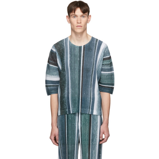 Photo: Homme Plisse Issey Miyake Grey and Blue Striped T-Shirt