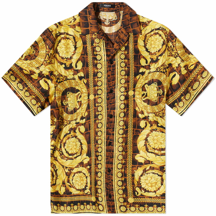 Photo: Versace Men's Baroque Croc Silk Vacation Shirt in Caramel/Black/Gold