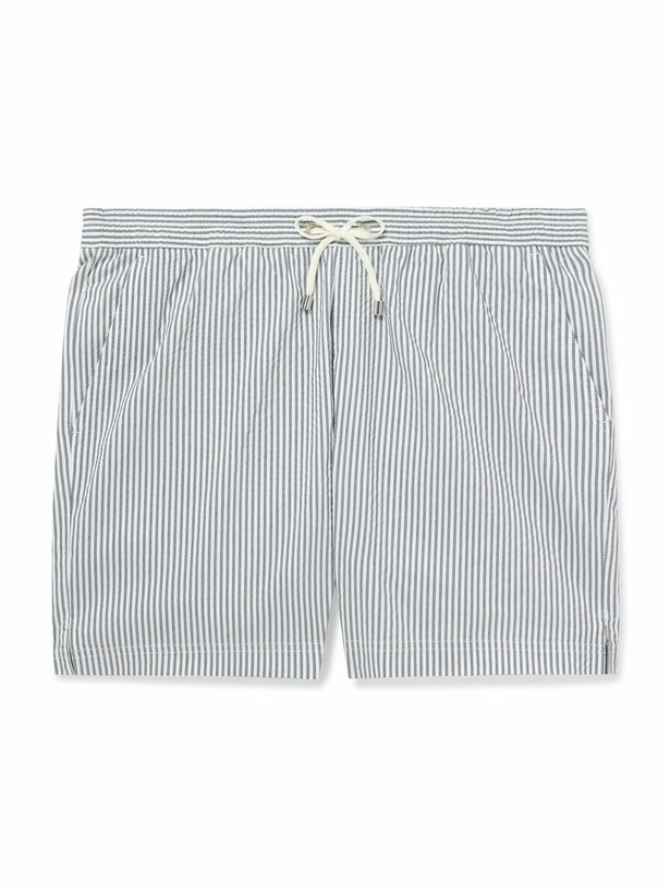 Photo: Sunspel - Straight-Leg Mid-Length Striped SEAQUAL®-Blend Seersucker Swim Shorts - Blue