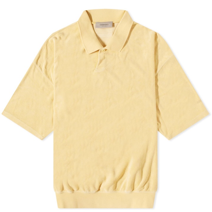 Photo: Fear of God ESSENTIALS Men's Short Sleeve Polo Shirt in Light Tuscan