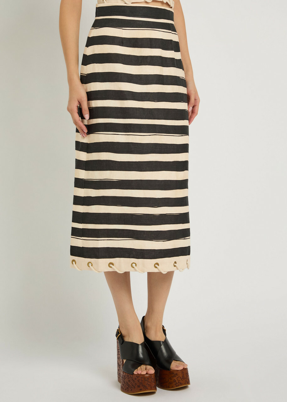 Zimmermann Rebellion Striped Linen Midi Skirt Black