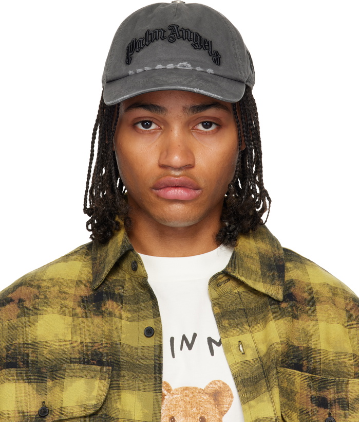 Photo: Palm Angels Gray Curved Logo Distressed Cap