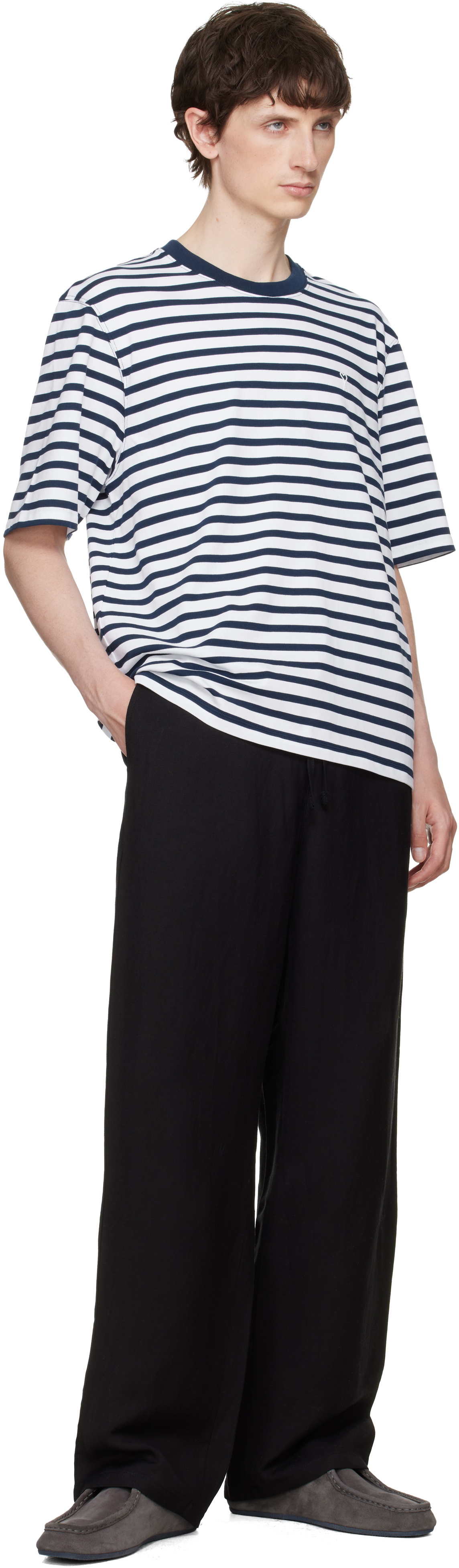 AMI Paris White & Navy Boxy Mariniere 'Ami de Coeur' T-shirt
