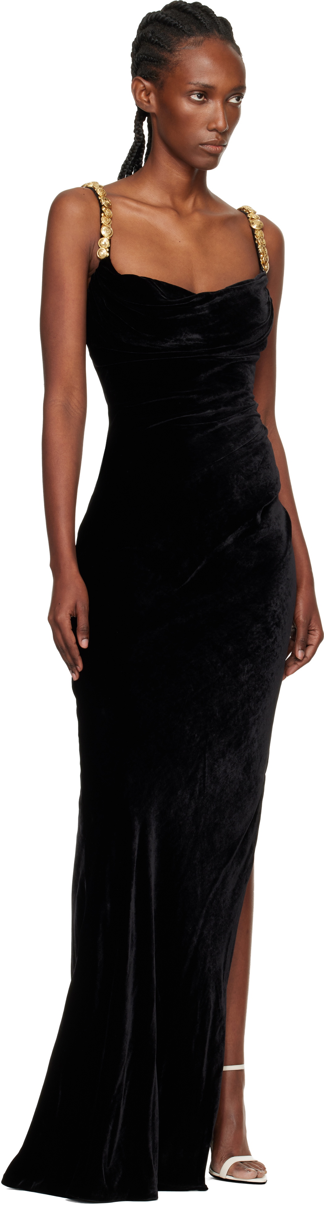 Balmain Black Embroidered Button Velvet Slit Maxi Dress