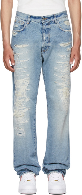 Photo: 424 Blue Distressed Straight-Leg Jeans