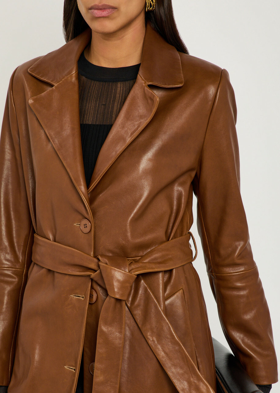 Nour Hammour Scarlett Belted Leather Trench Coat Brown