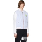 Thom Browne Blue and White Seersucker Ball Patch Bomber Jacket