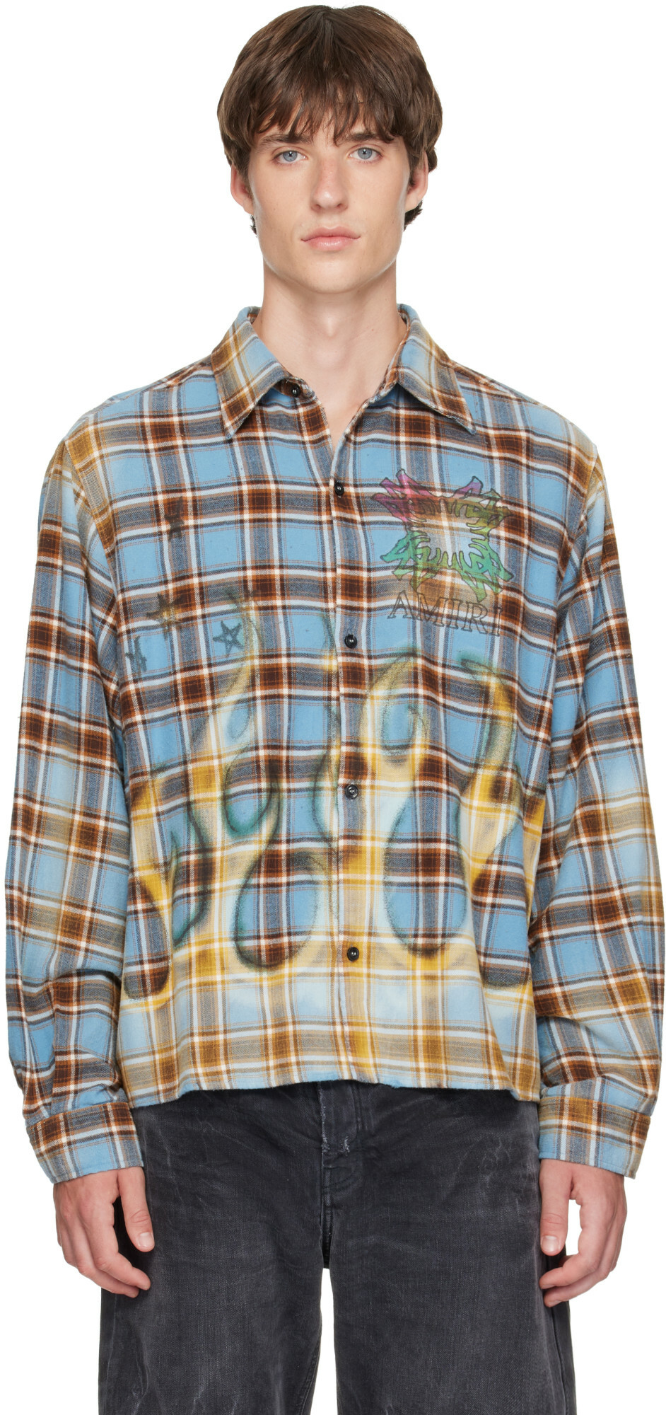 AMIRI Blue MA Quad Bleached Flannel Shirt