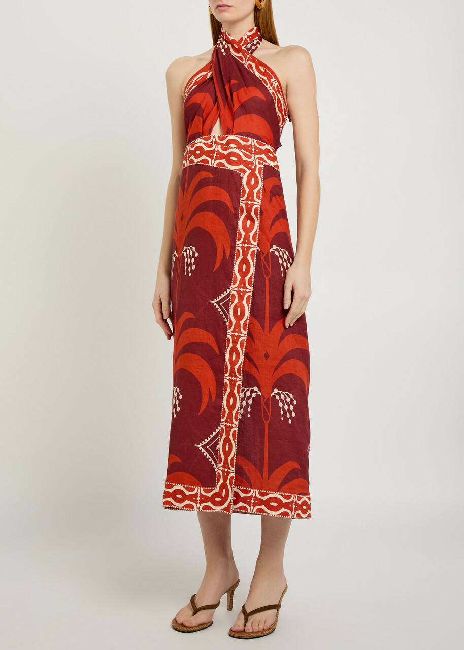 Johanna Ortiz Buen Viento Halterneck Linen Midi Dress Red
