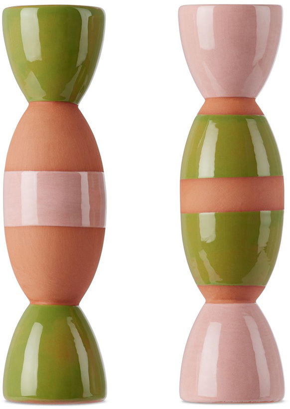 Photo: Tina Vaia Green & Pink Double Totem Candle Holder Set