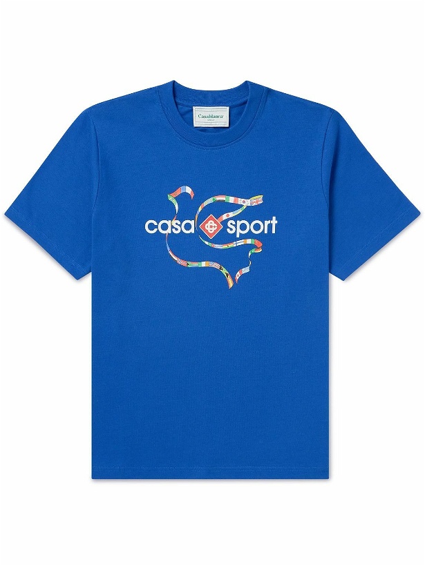 Photo: Casablanca - Drapeau de Colombes Logo-Print Organic Cotton-Jersey T-Shirt - Blue