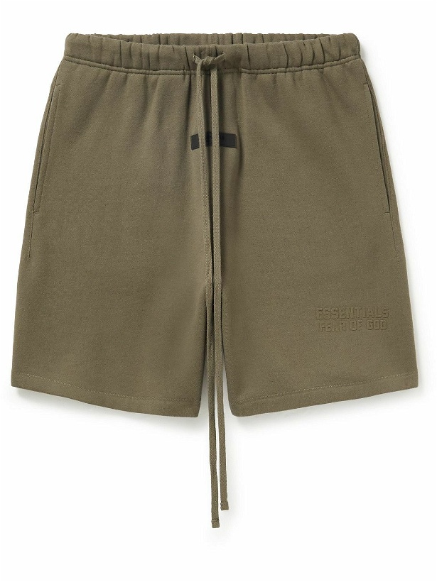 Photo: FEAR OF GOD ESSENTIALS - Logo-Flocked Cotton-Blend Jersey Drawstring Shorts - Brown