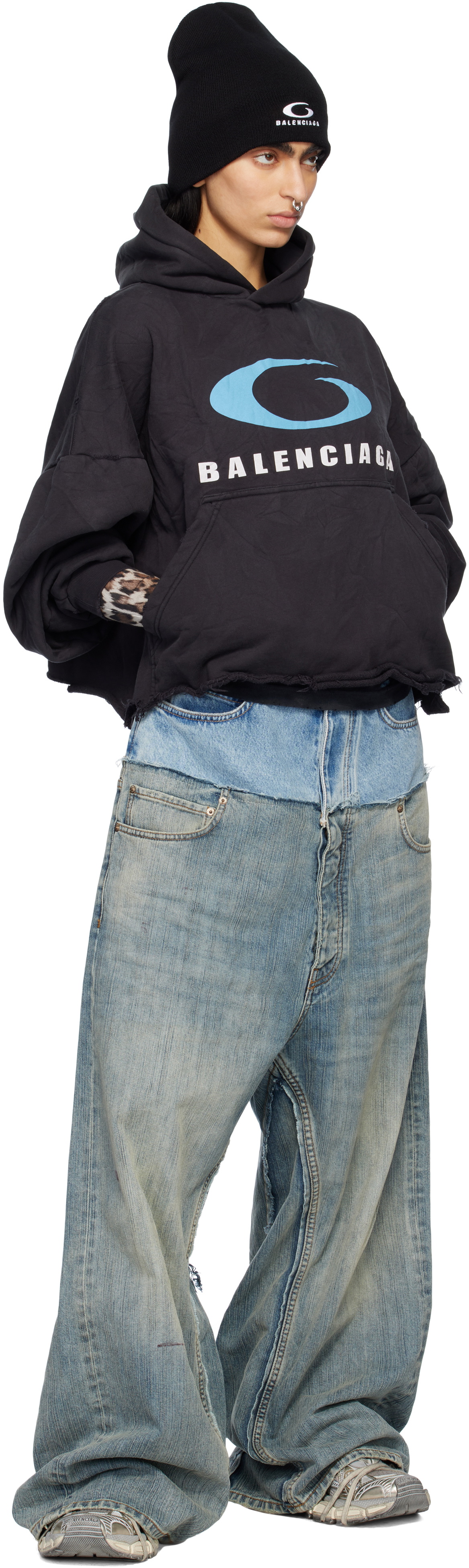 Balenciaga Black Loop Sports Icon Cropped Hoodie