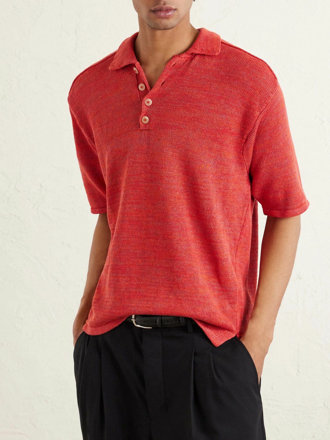 Inis Meáin - Knitted Linen Polo Shirt - Red
