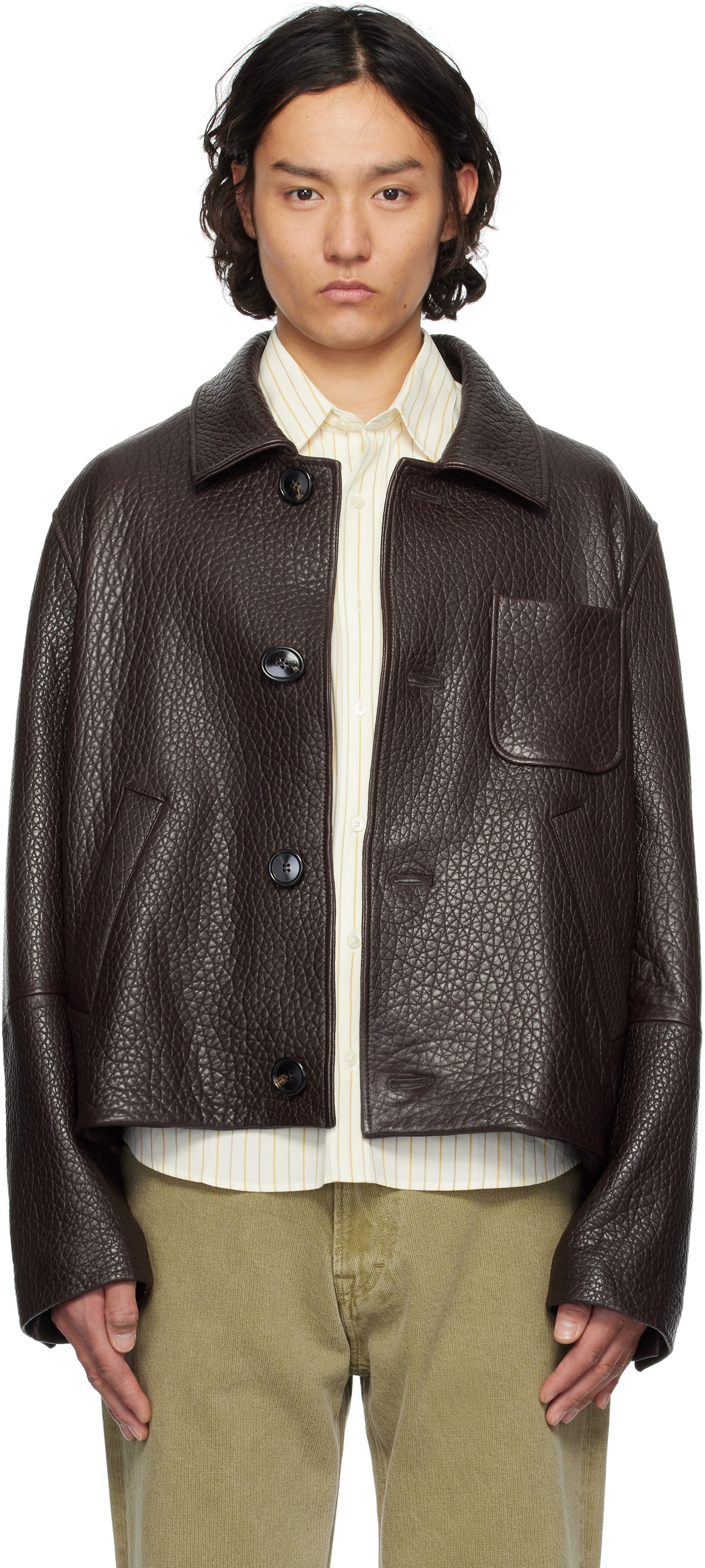 AMI Paris Burgundy Buttoned Leather Jacket