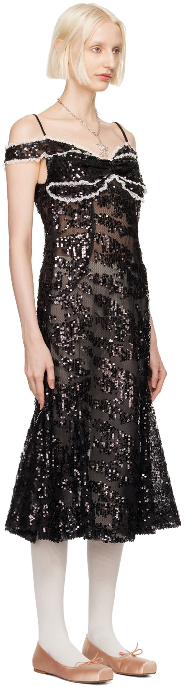 Yuhan Wang Black Off Shoulder Sequin Midi Dress