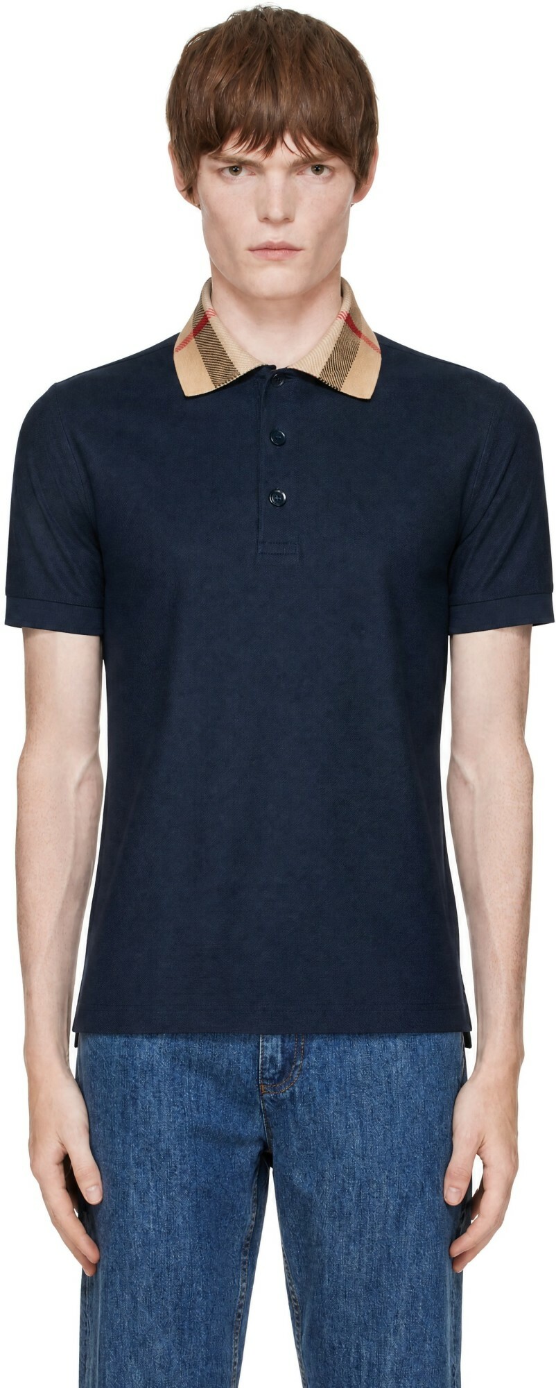 Burberry Navy Check Collar Cotton Polo