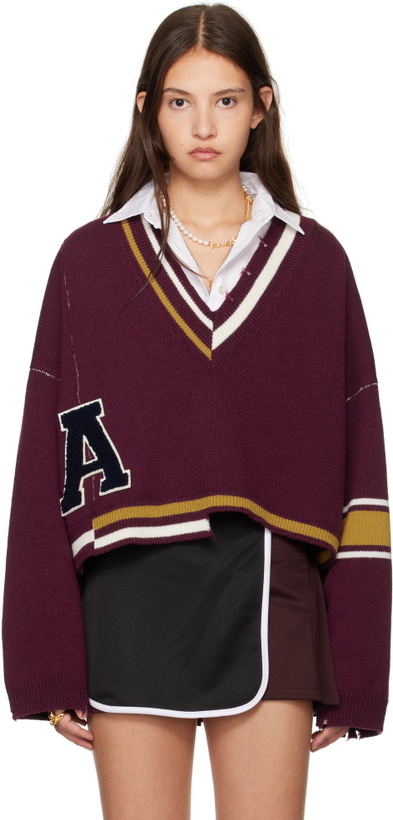 Photo: AMBUSH Burgundy Damaged Rib V-Neck Sweater