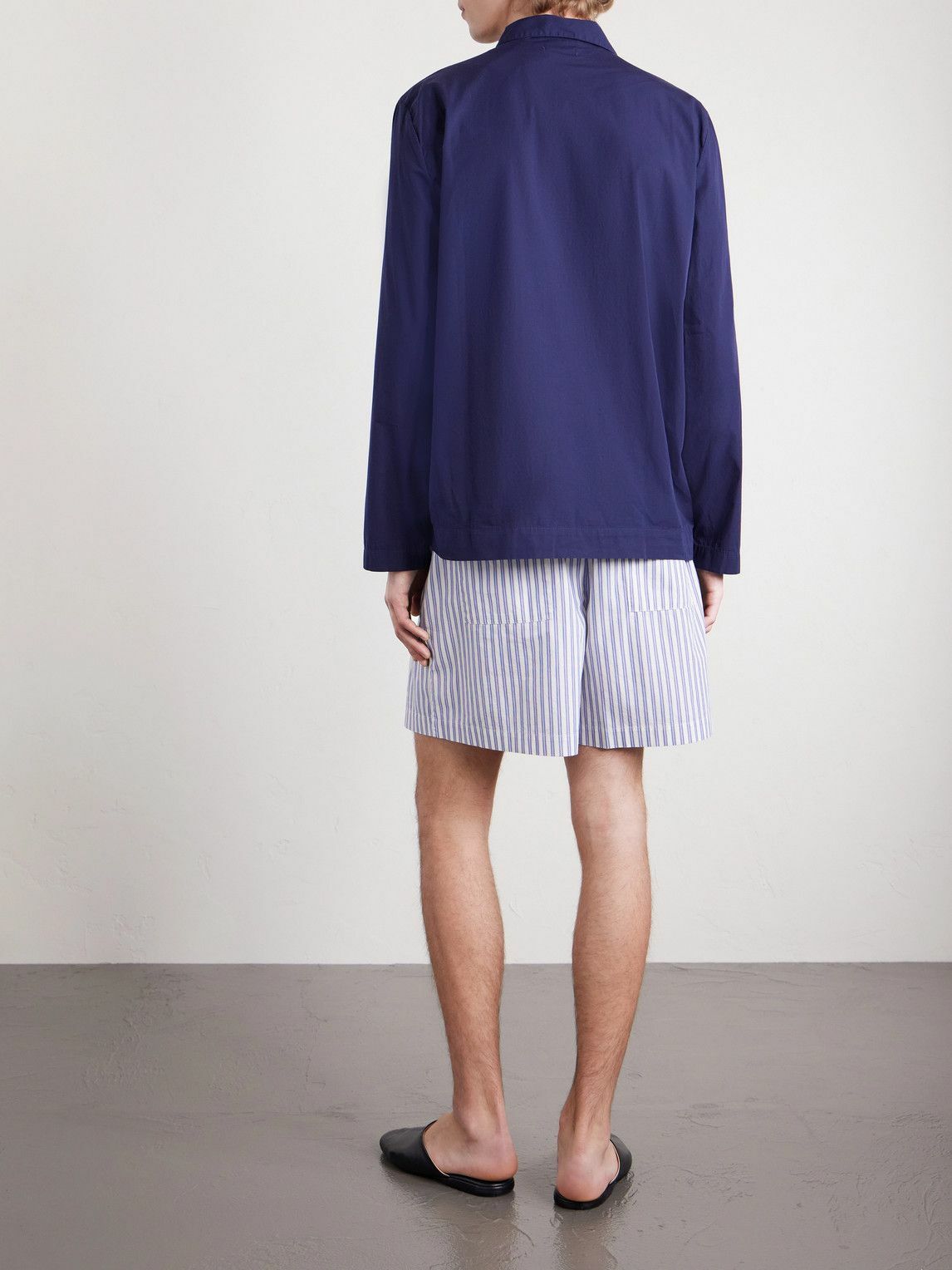 TEKLA - Straight-Leg Striped Organic Cotton-Poplin Shorts - Blue