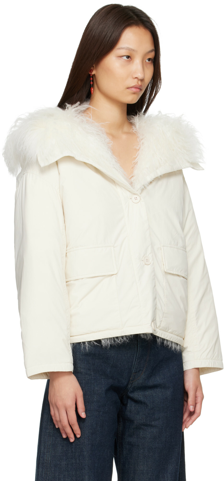 Yves Salomon White Curly Lamb Short Ultra-Light Down Jacket