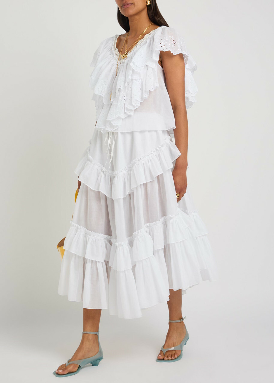 Chloe Ruffled Cotton Midi Skirt White