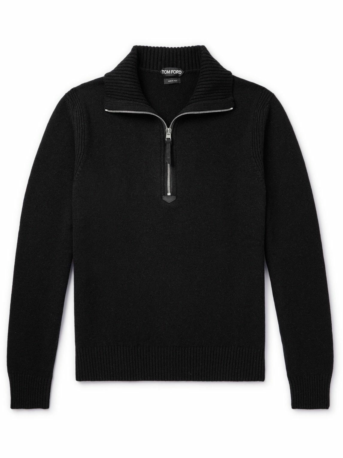 TOM FORD - Suede-Trimmed Wool-Blend Half-Zip Sweater - Black TOM FORD
