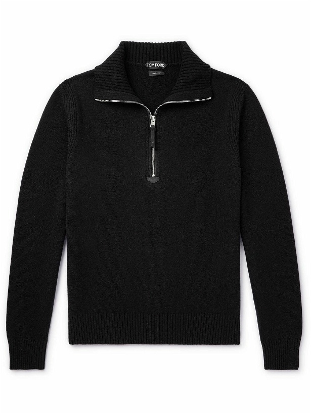 Photo: TOM FORD - Suede-Trimmed Wool-Blend Half-Zip Sweater - Black