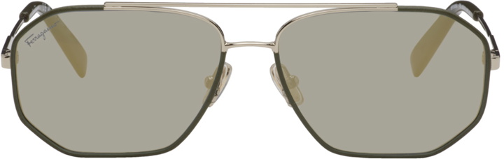 Photo: Ferragamo Green & Silver Aviator Sunglasses