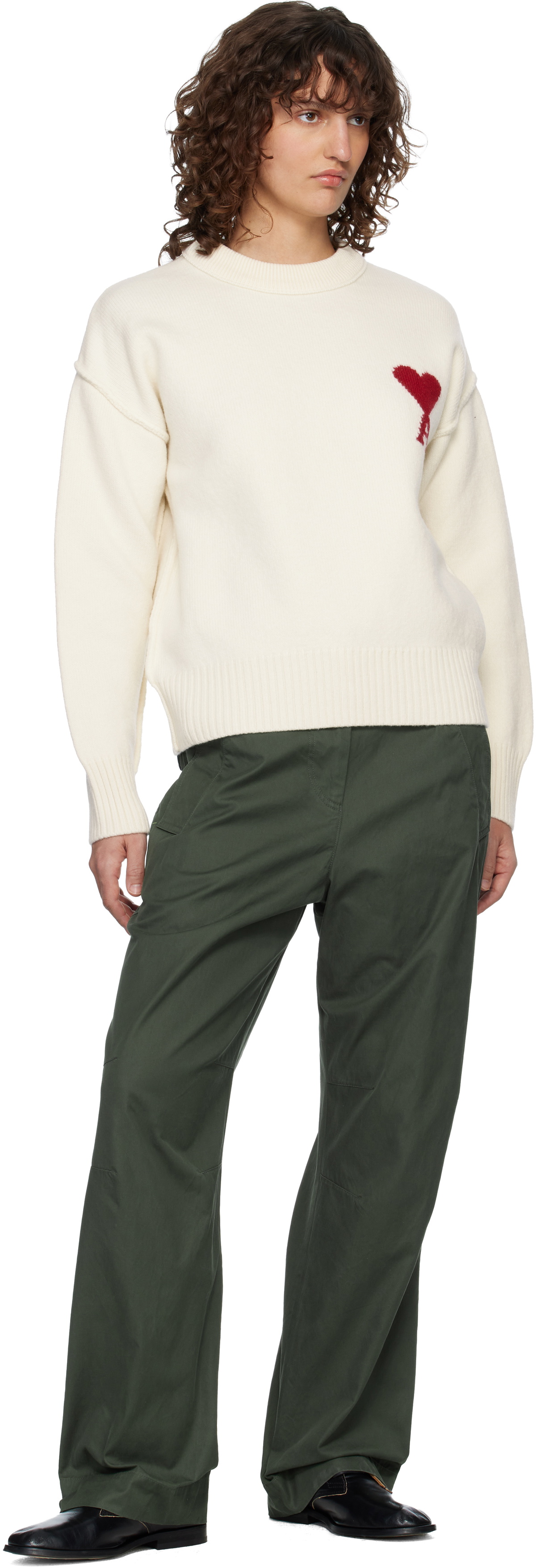 AMI Paris Off-White Wool Crewneck Ami de Coeur Sweater