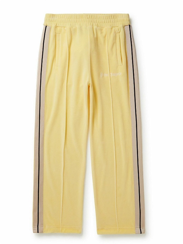 Photo: Palm Angels - Wide-Leg Logo-Embroidered Striped Cotton-Blend Chenille Track Pants - Yellow