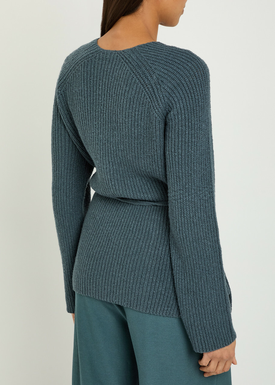 Eileen Fisher Ribbed Cotton-blend Wrap Cardigan Blue
