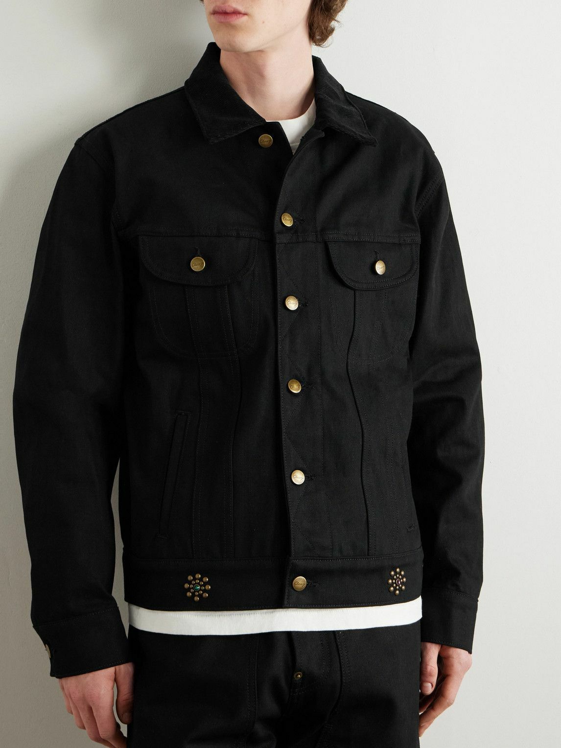 Cherry Los Angeles - Cotton-Blend Corduroy-Trimmed Embellished Denim Jacket - Black